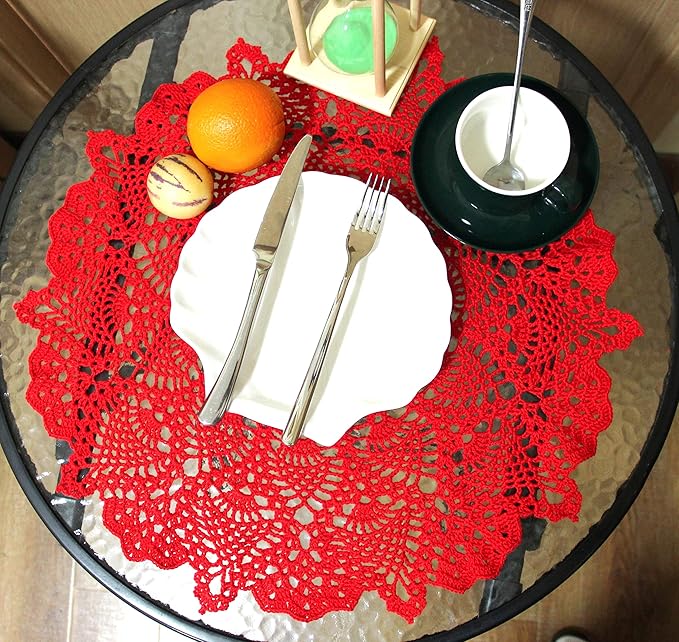 BIBITIME Lace Tablecloth Doily Handmade Crochet Placemat Women Vase Mat Kitchen Table Runner (2PCS- 18 in to 20 in, Red)