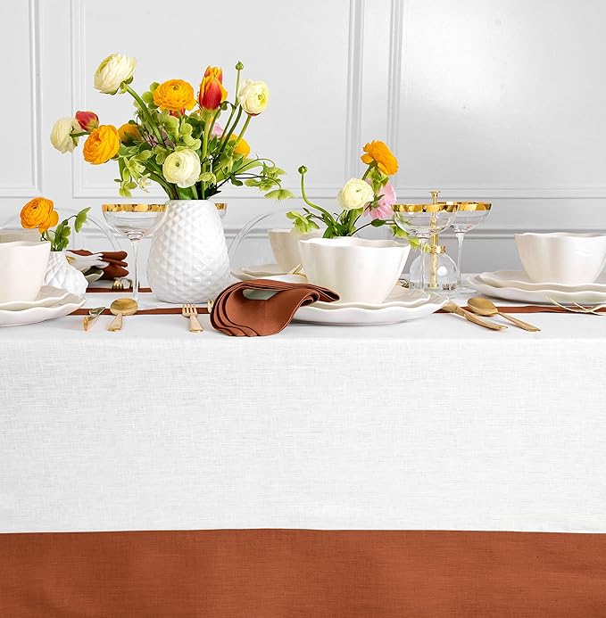 Solino Home Linen Tablecloth for Rectangle Tables 60 x 108 Inch - 100% Pure Linen Cinnamon and White Table Cloth - Contempo, Machine Washable Cloth Tablecloth