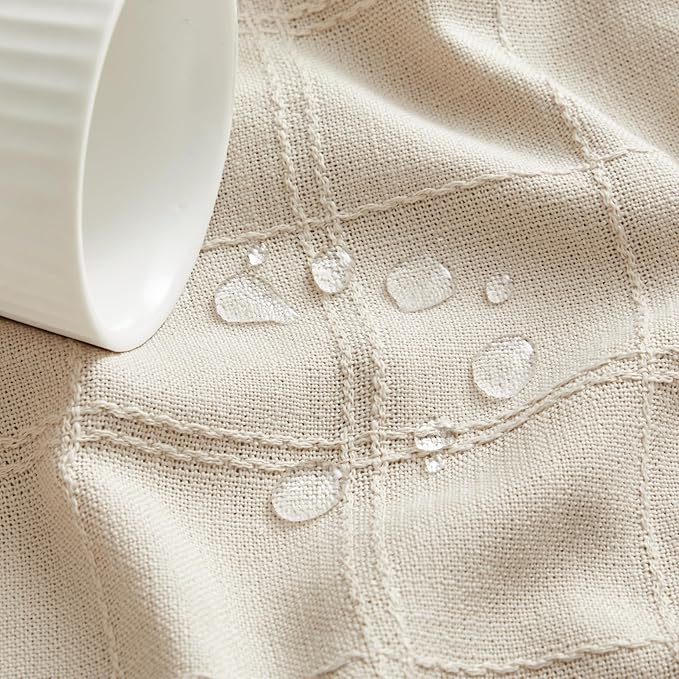 ZeeMart Linen Checked Table Cloth, Farmhouse Style Plaid Embroidered Neutral Tablecloth, Water Resistant Round Table Cloth, Beige 52 Inch Round