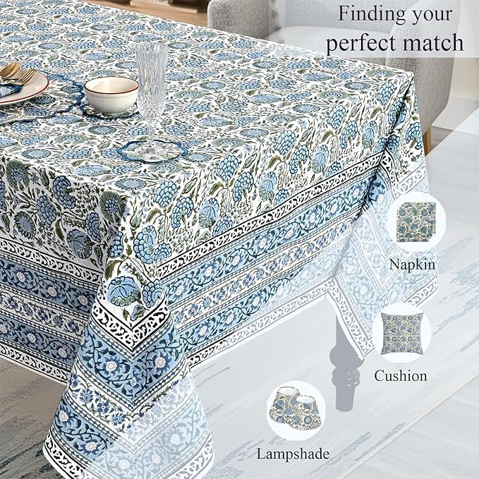 Ridhi Hand Block Print Asparagus Green Rectangle Cotton Tablecloth 108" x 70" Reusable Table Cover Decorative Everyday Use for Dining, Farmhouse, Home Gift for Spring, Easter, Valentine