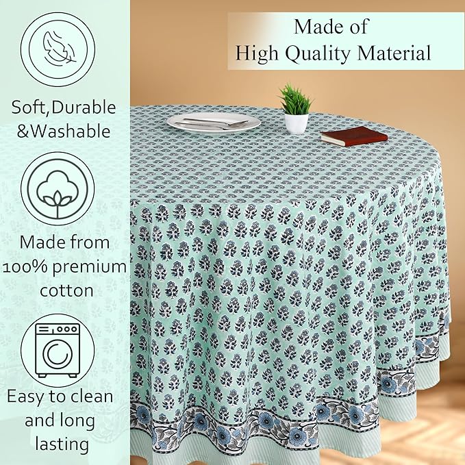 CPC Round Tablecloth- Cotton Indian Block Print Tablecloth -Handmade Printed Washable Cotton Table Cloth - Spring/Summer, Wedding Table Cover - Poppy Blue 90 Inches