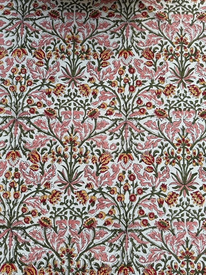 Ridhi Block Print Round Sassy Salmon Emerald Green Reusable Tablecloth 100% Cotton 132" Inch Decorative Table Cover eveyday Dining, Home, Party, Wedding, Farmhouse Gift for Spring, Easter, Valentine