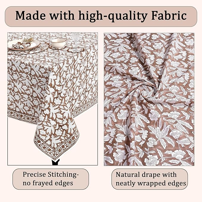 Ridhi Hand Block Print Oak Brown Square Cotton Tablecloth 60" x 60" Reusable Table Cover Decorative Everyday Use for Dining, Farmhouse, Home Gift for Spring, Easter, Valentine
