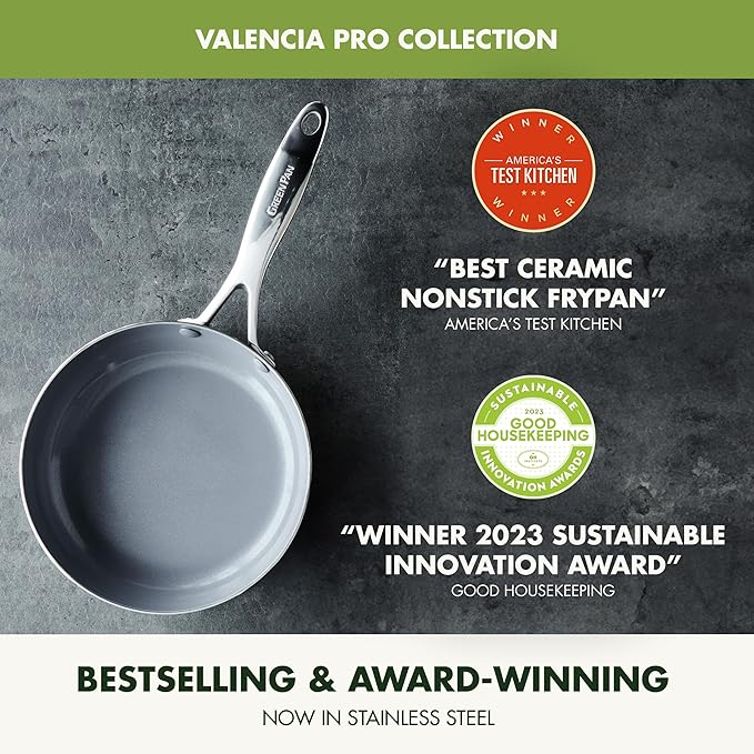 GreenPan Valencia Pro Tri-Ply Stainless Steel 8” and 10” Frying Pan Skillet Set, Ceramic Nonstick PFAS-Free Coating, Multi Clad Cookware, Induction, Dishwasher Oven and Broiler Safe