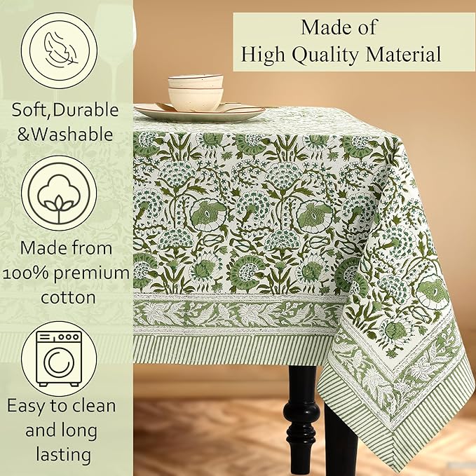 CPC Tablecloth 100% Cotton 60x90 Inch Indian Block Print Rectangle Table Cover, Washable Table Cloth for Weddings, Spring/Summer, Barbeque - Agate Green
