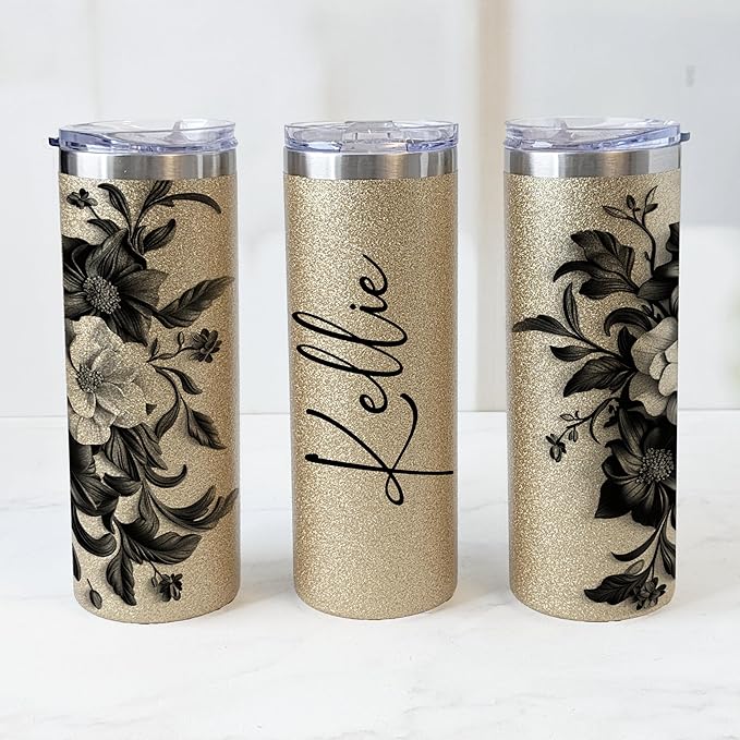 MRC Wood Products Personalized 20oz Glitter Tumbler with Floral Motif - Custom Name Insulated Cup, for Her (Gold)