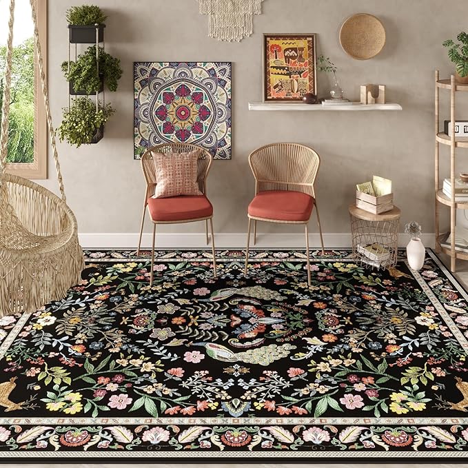 Living Room Rug 5x7 Rug Machine Washable Area Rug Floral Non-Slip Low Pile Large Rugs for Living Room, Bedroom, Farmhouse, Dining Room, Kids Playroom (Vibrant Black)