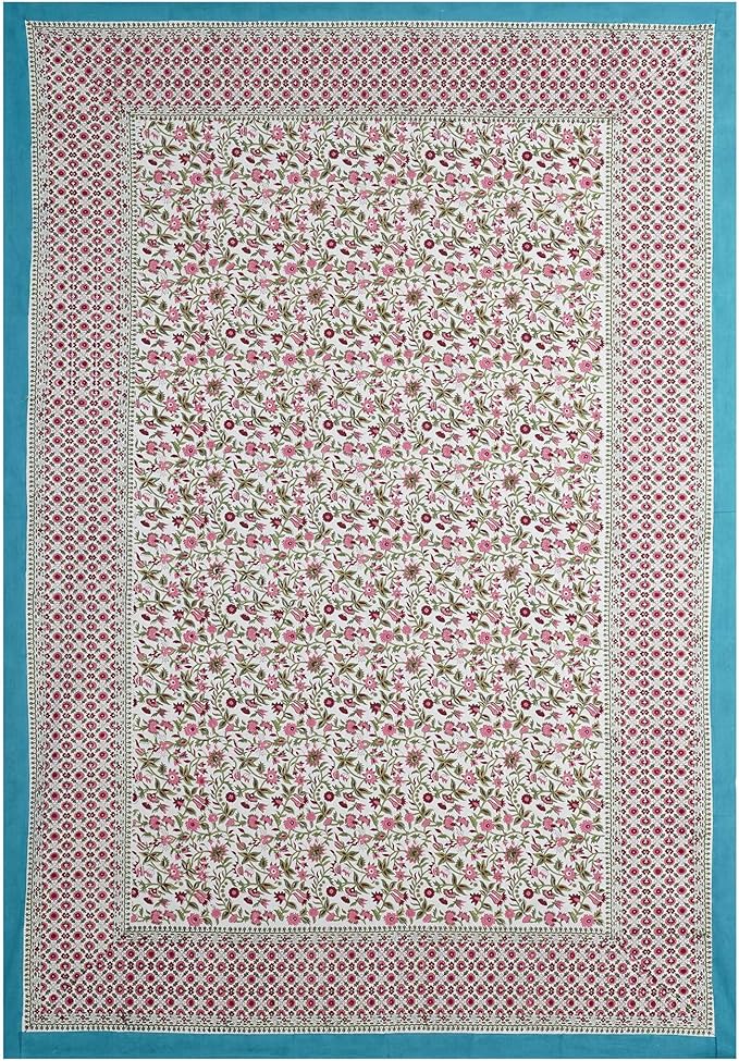 Handblock Print Cotton Tablecloth – 60x60 Square Table Cover 4 Seats – Indian Block Printed Floral Dining Table Linen – Boho Washable Cloth for Kitchen, Party, Outdoor, Pink