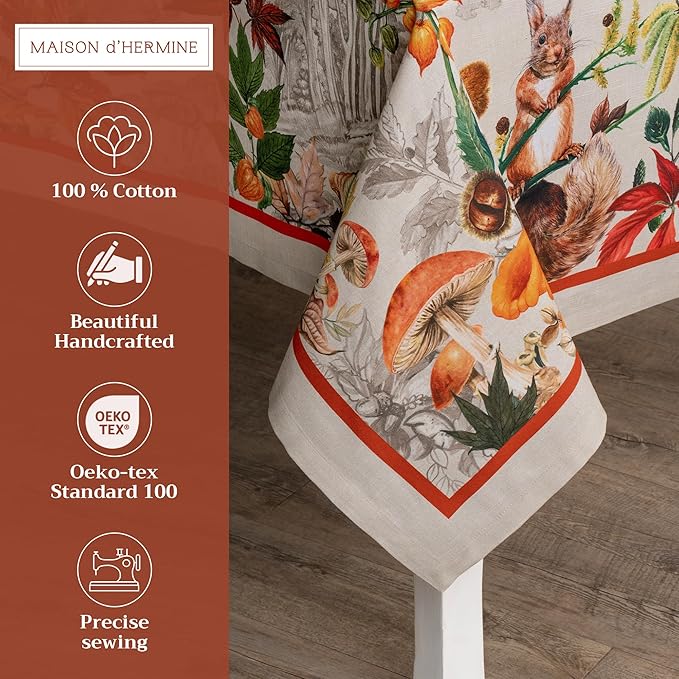 Maison d' Hermine Table Cloth Rectangle Table 100% Cotton 54 x 72 Inches Fall Tablecloth Reusable Everyday Use for Thanksgiving Christmas Decorations Dining Farmhouse Party (Recolte)