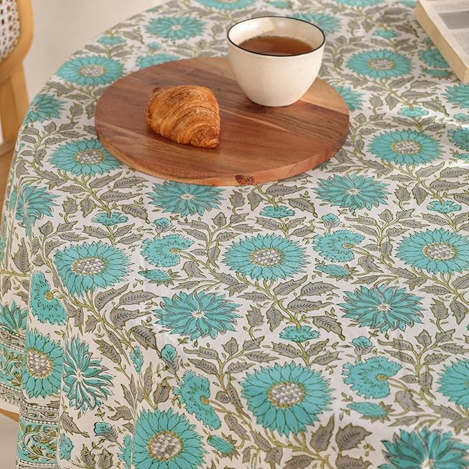 Hand Block Printed Table Cover - Exquisite Design, Premium Cotton Fabric, Perfect for Dining and Decor, Dining Table Linen (Flamingo Bloom, 6 Seater 72 Inches Round)