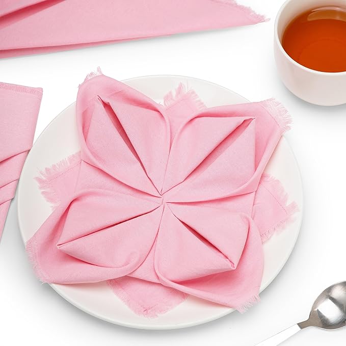 Lightnpro Cotton Napkins Set of 12, Beautiful Handmade Fringe Dinner Cloth Napkins, Washable and Reusable for Dining, Parties, Weddings, Holiday & Everyday Use - 18x18 Inch Baby Pink