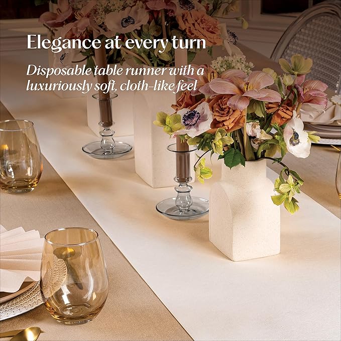 Disposable Table Runner for Dining Table, 16" x 48" 20-Pack Linen-Like Champagne Paper Table Runners for Party, Wedding Or Event