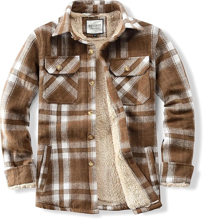 Men's Cotton Sherpa Lined Button Down Flannel Shirt Jacket Plaid Soft Outdoor Flannel Jacket Shirt