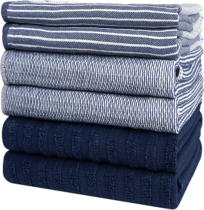 Premium Kitchen Towels (20”x 28”, 6 Pack) | Large Cotton Dish Towels | Flat & Terry Highly Absorbent Kitchen Linen Set with Hanging Loop | Navy Blue