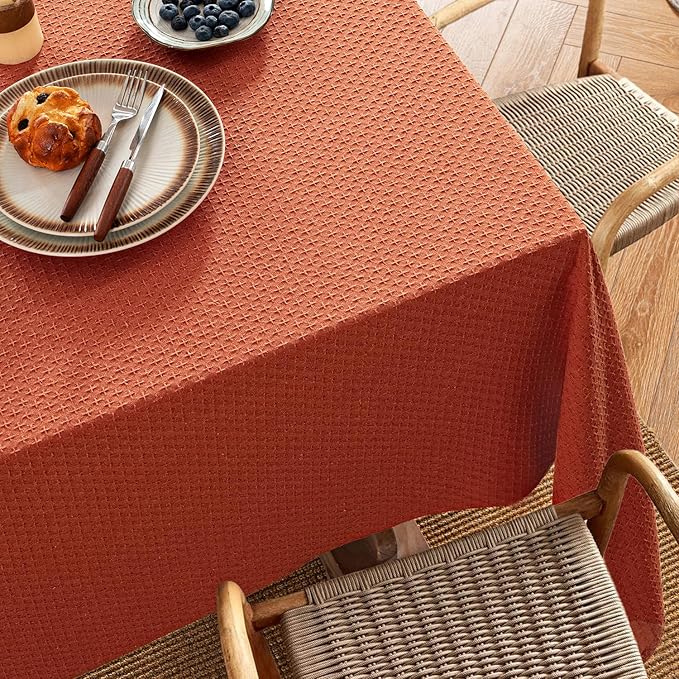 MIULEE Fall Tablecloth Burnt Orange Linen Cotton Table Cloth Rectangle Waterproof Spillproof Cross-Star Textured Decorative Farmhouse Style for Dining Party Weddings 60x84 Inch