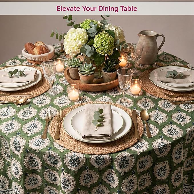 ATOSII Kari Green 100% Cotton Round Boho Spring Summer Tablecloth, Block Print Floral Table Cloth Linen for Dining, Parties, Weddings, OutdoorsI Home Table Decor 72" Inches Round