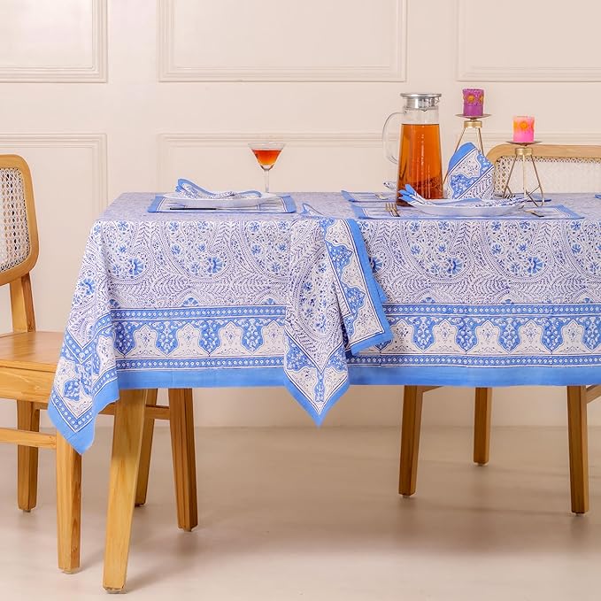 Hand Block Printed Table Cover - Exquisite Design, Premium Cotton Fabric, Perfect for Dining and Decor, Dining Table Linen(Arctic Blue,8 Seater 70 x 108 Inches Rectangle)
