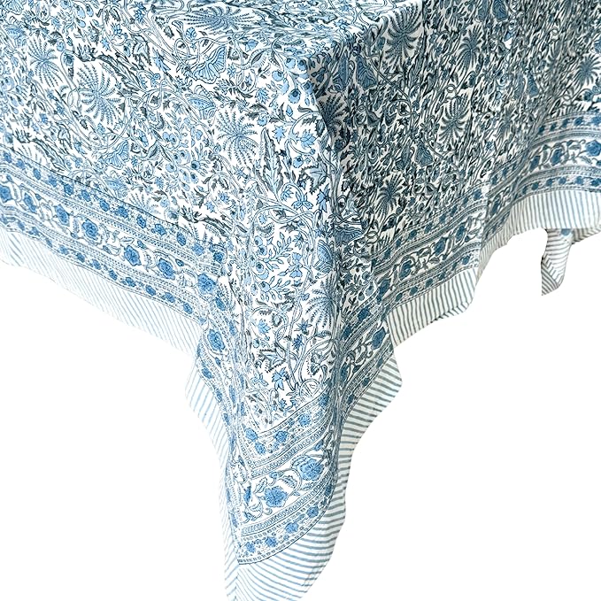 ATOSII Butterfly Blue 100% Cotton Rectangle Boho Fall Tablecloth, Handblock Floral Table Cloth Linen for Kitchen Dining I Parties Christmas Thanksgiving Grandmillenial I 72 X 108 Inches I 8 Seater