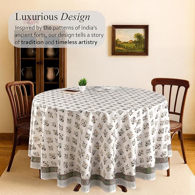 CPC Round Tablecloth- Cotton Indian Block Print Tablecloth -Handmade Printed Washable Cotton Table Cloth - Spring/Summer, Wedding Table Cover - Fall Green 90 Inch