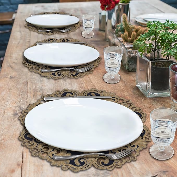 Decozen Set of 4 Doilies for Table, Lace Doilies - Rustic, Crochet, Farmhouse, Kitchen, Round Christmas Placemats - Dining Table Centerpiece Decor - 15 inch Gold Blue, The Vintage Opulence Collection