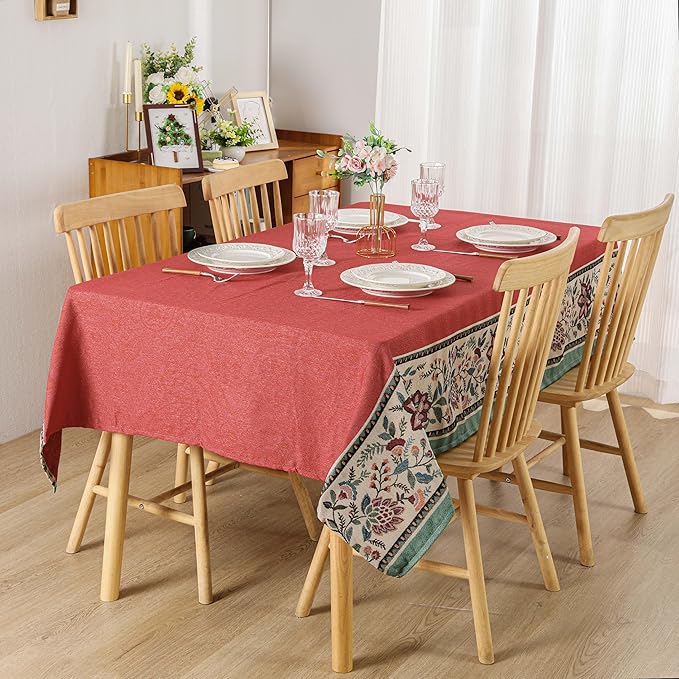 Dimatic Heavyweight Cotton Linen Square Tablecloth for Kitchen, Dining Table, Camping, Party Holiday Decoration Table Cover, Botanical Pattern Red 55 x 102 Inches
