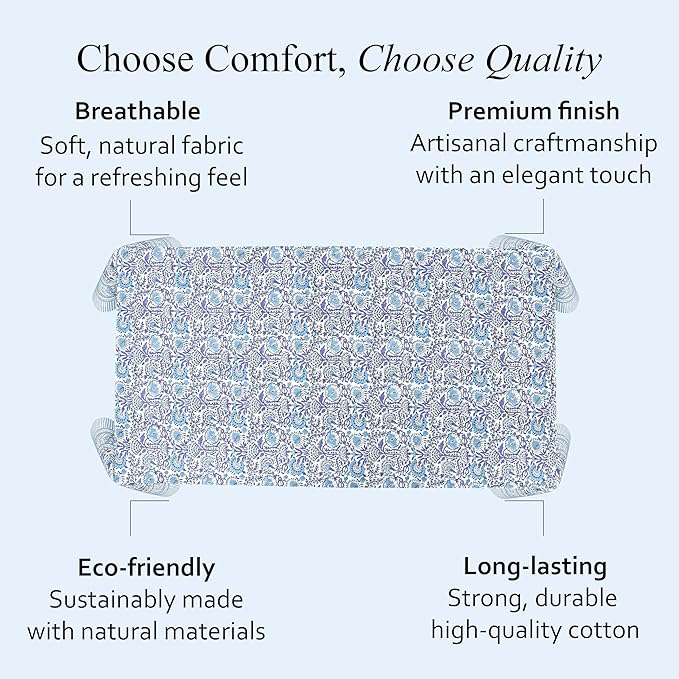 CPC Tablecloth 100% Cotton 72x140 Inch Indian Block Print Rectangle Table Cover, Blue Table Cloth for Weddings, Spring/Summer, Barbeque - Indigo Blue