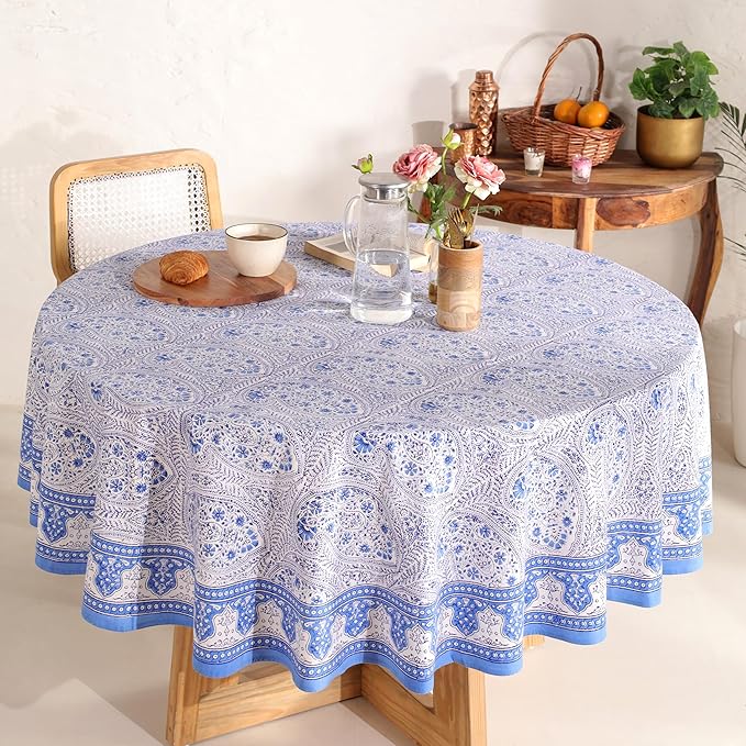 Hand Block Printed Table Cover - Exquisite Design, Premium Cotton Fabric, Perfect for Dining and Decor, Dining Table Linen(Arctic Blue,6 Seater 72 Inches Round)