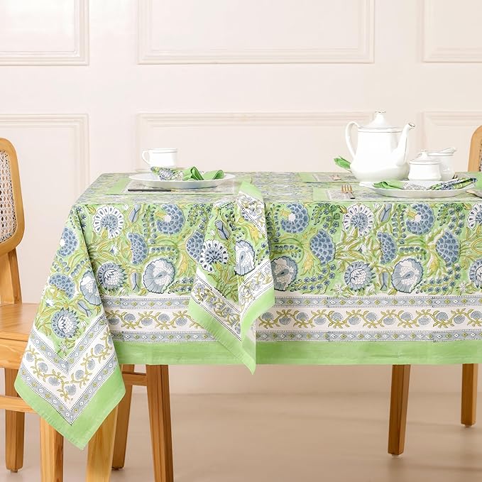 Hand Block Printed Table Cover - Exquisite Design, Premium Cotton Fabric, Perfect for Dining and Decor, Dining Table Linen(Asparagus Green,14 Seater 72 x 160 Inches Rectangle)