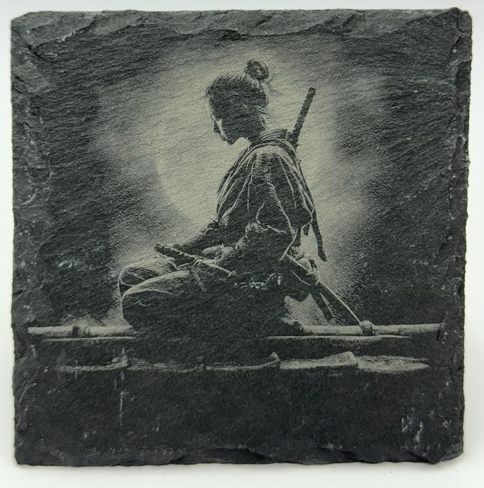 Japanese Warrior Slate Coaster Set – Engraved Feudal Japan Art (4 Pack)