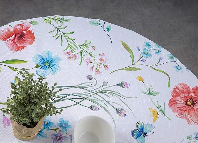 Maison d' Hermine Table Cloth Round Table 100% Cotton 69 Round Inches Tablecloth Reusable Decorative for Dining Room Farmhouse Home Valentines Day Decorations Spring Summer- Happy Florals -High Summer