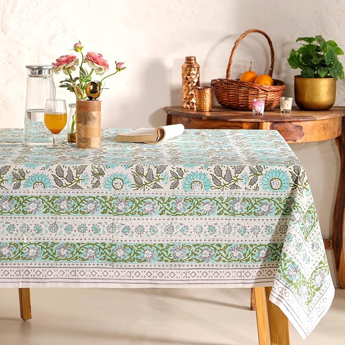 Hand Block Printed Table Cover - Exquisite Design, Premium Cotton Fabric, Perfect for Dining and Decor, Dining Table Linen (Flamingo Bloom, 12 Seater 72 x 135 Inches Rectangle)