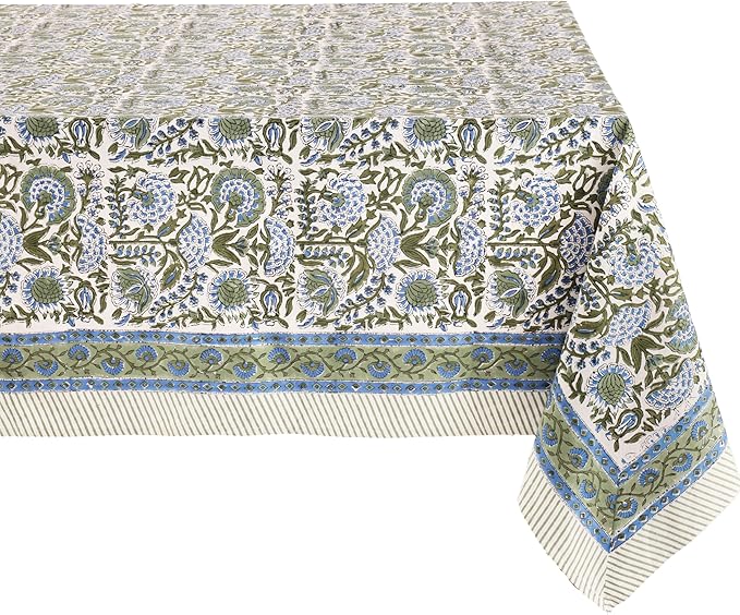 ATOSII Clover Blue 100% Cotton Square Fall Tablecloth, Handblock Floral Linen Table Cloth for Kitchen Dining Table I Parties Christmas Thanksgiving I Fall Home Decor 60 X 60 Inches I 4 Seater
