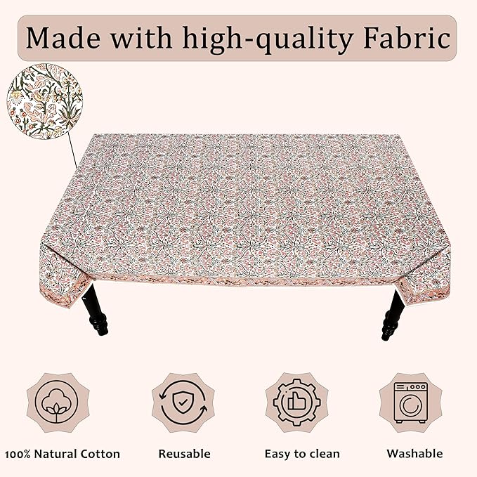 Ridhi Hand Block Print Sassy Salmon Emerald Green Rectangle Cotton Tablecloth 140" x 72" Reusable Table Cover Decorative Everyday Use for Dining, Farmhouse, Home Gift for Spring, Easter, Valentine