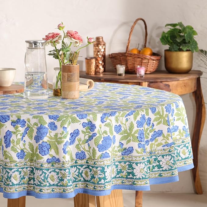 Hand Block Printed Table Cover - Exquisite Design, Premium Cotton Fabric, Perfect for Dining and Decor, Dining Table Linen (Dusky Leaf Whisper, 6 Seater 72 Inches Round)