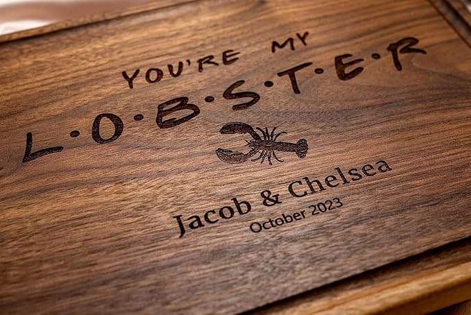 Personalized Cutting Board, Custom Wedding, Anniversary or Housewarming Gift Idea, Wood Engraved Charcuterie, for Couples, Family and Clients (FRIENDS Themed Lobster 087)