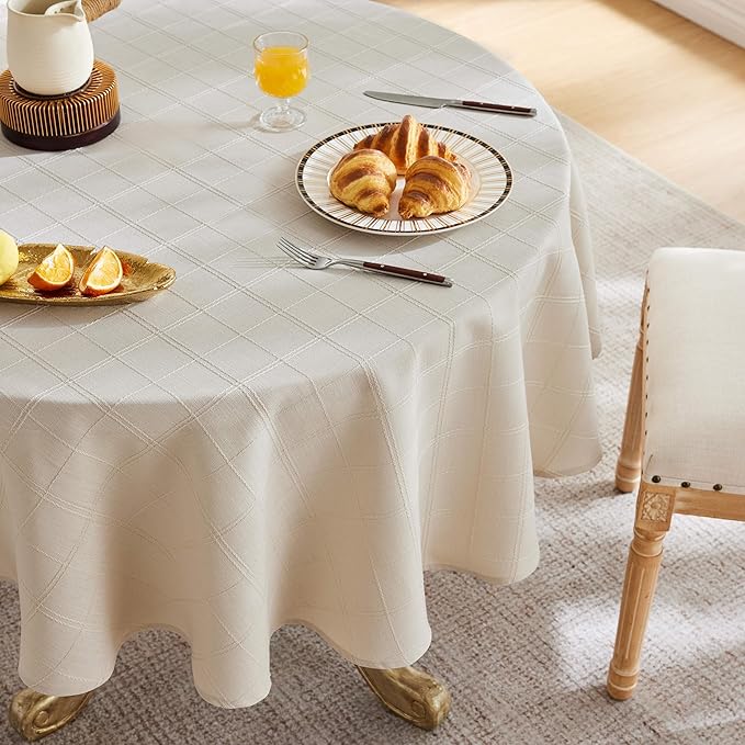 ZeeMart Linen Checked Table Cloth, Farmhouse Style Plaid Embroidered Neutral Tablecloth, Water Resistant Round Table Cloth, Beige 52 Inch Round