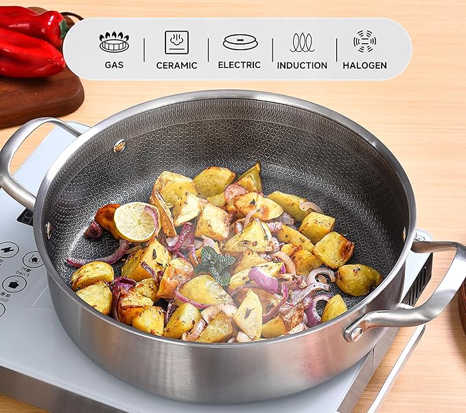 Inqibee 5 QT Hybrid Tri-Ply Stainless Steel Ceramic Non Stick Sauté Pan with Lid,Induction Cooking Pot,Large Skillet,Dishwasher and Oven Safe
