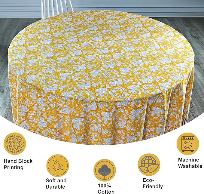 Ridhi Block Print Round Saffron Yellow Reusable Tablecloth 100% Cotton 132" Inch Decorative Table Cover eveyday Dining, Home, Party, Wedding, Farmhouse Gift for Spring, Easter, Valentine