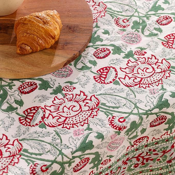 Hand Block Printed Table Cover - Exquisite Design, Premium Cotton Fabric, Perfect for Dining and Decor, Dining Table Linen (Stone Green Blossom, 12 Seater 72 x 135 Inches Rectangle)