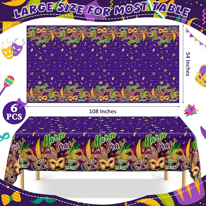 6 Pcs Mardi Gras Decorations, 54 X 108 Inches Mardi Gras Tablecloth Rectangular Table Cover, Disposable Purple Masquerade Mask Feather Tablecover, Plastic Tablecover For Masquerade Party Decorations