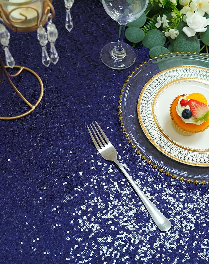 Eternal Beauty Navy Blue Tablecloth, 90x132 Inch Sequin Rectangle Table Cover for Cake Dessert Exhibition Party Birthday Events