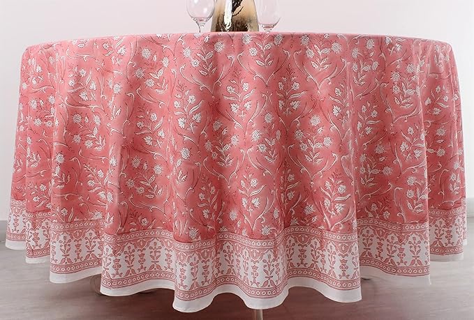 Ridhi Block Print Round Sweet Pink Reusable Tablecloth 100% Cotton 120" Inch Decorative Table Cover eveyday Dining, Home, Party, Wedding, Farmhouse Gift for Spring, Easter, Valentine
