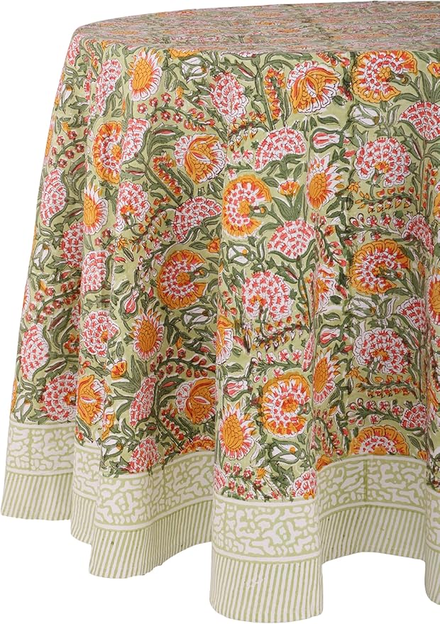 ATOSII Clover Green 100% Cotton Round Tablecloth, Hand Block Print Floral Table Cloth for Kitchen Dining Linen I Parties, Weddings, Outdoors, Holidays, Easter I Spring Summer 90" Inches Round