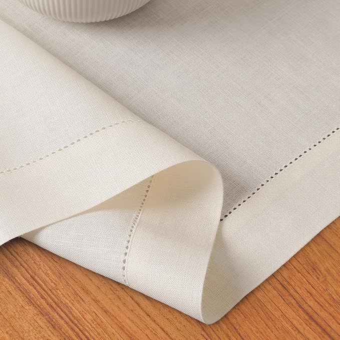 D'Moksha Homes Linen Ivory Table Runner 84 Inches Long - 100% Pure Linen Table Runner 14 x 84 Inch for Valentines, Spring, Easter - Classic Hemstitch