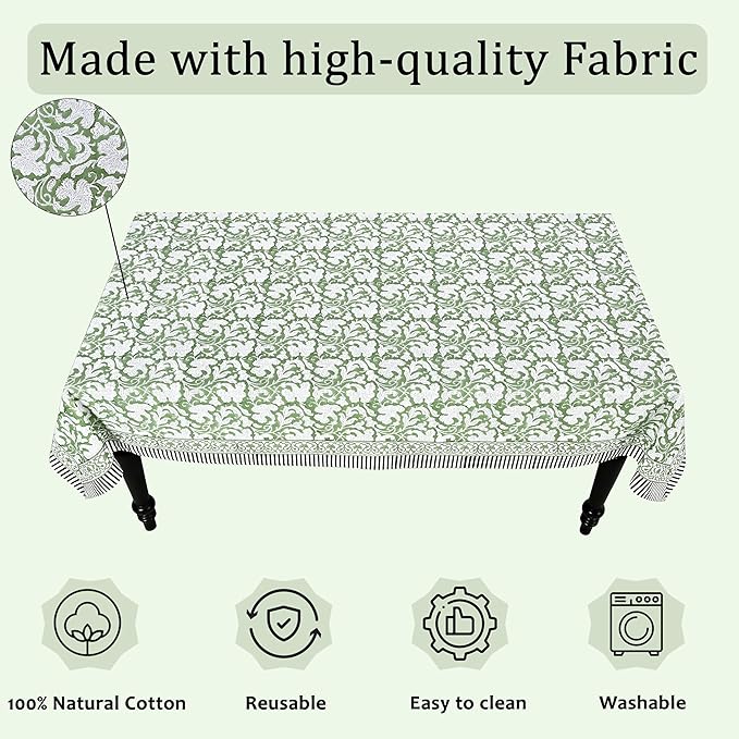 Ridhi Hand Block Print Sage Green Rectangle Cotton Tablecloth 108" x 60" Reusable Table Cover Decorative Everyday Use for Dining, Farmhouse, Home Gift for Spring, Easter, Valentine