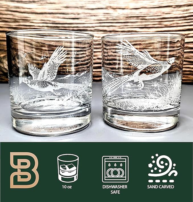Badger N Bow Pheasant Sand Carved Whiskey Glasses Set of 2
