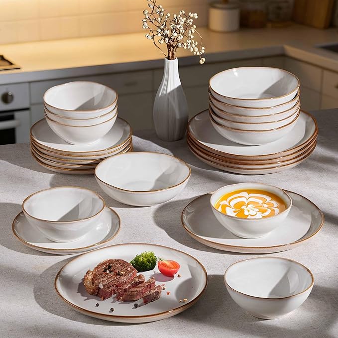 Herogo Stoneware Dinnerware Sets, 12 Piece Dinner Dishes Set for 4, Ceramic Plates and Bowls Dishware, Tableware Includes Dinner Salad Plates, Soup Bowls, Microwave & Dishwasher Safe, Pearl White
