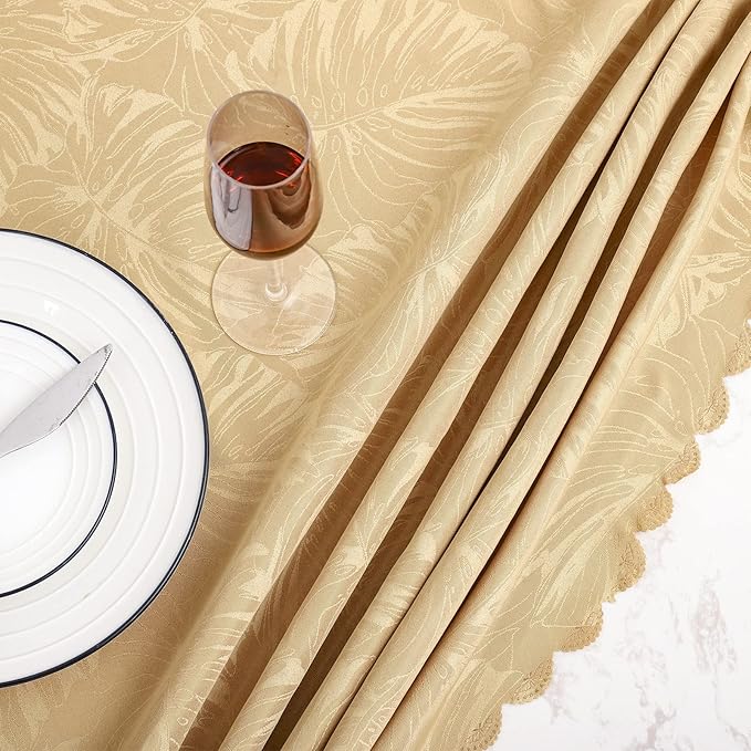 Round Tablecloth 80 Inch Fabric Table cloth Leaves Pattern Scalloped Edge Silky Soft Tablecloth Waterproof Wrinkle Resistant Washable Table Cover Dinning Party Banquet Decoration (Golden)
