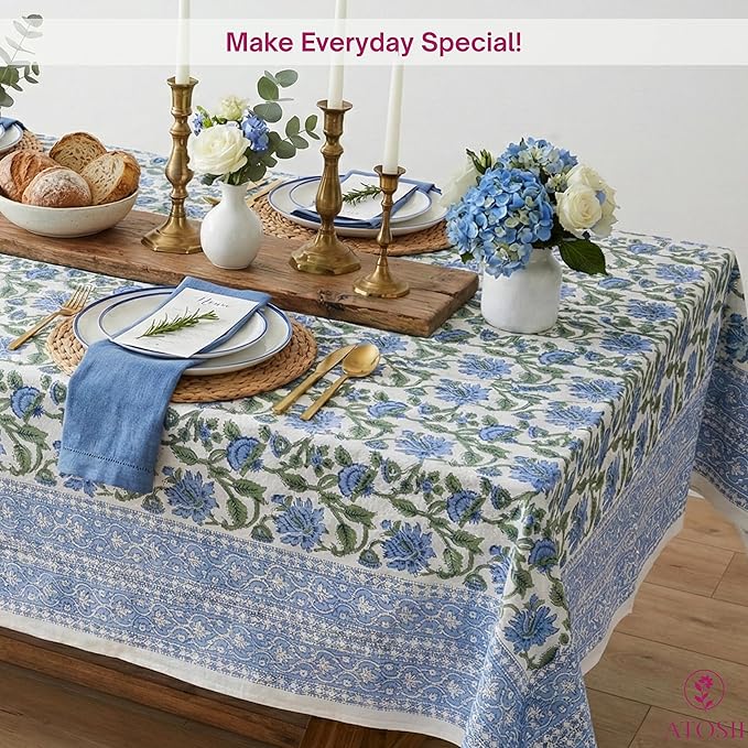 ATOSII Taj 100% Cotton Rectangle Fall Tablecloth, Handblock Floral Print Linen Table Cloth for Kitchen Dining I Parties, Outdoors, Christmas, Thanksgiving I 72 X 108 Inches I 8 Seater