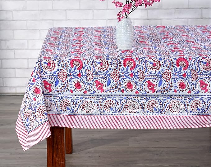 Ridhi Hand Block Print Pigeon Blue Flamingo Pink Rectangle Cotton Tablecloth 140" x 72" Reusable Table Cover Decorative Everyday Use for Dining, Farmhouse, Home Gift for Spring, Easter, Valentine